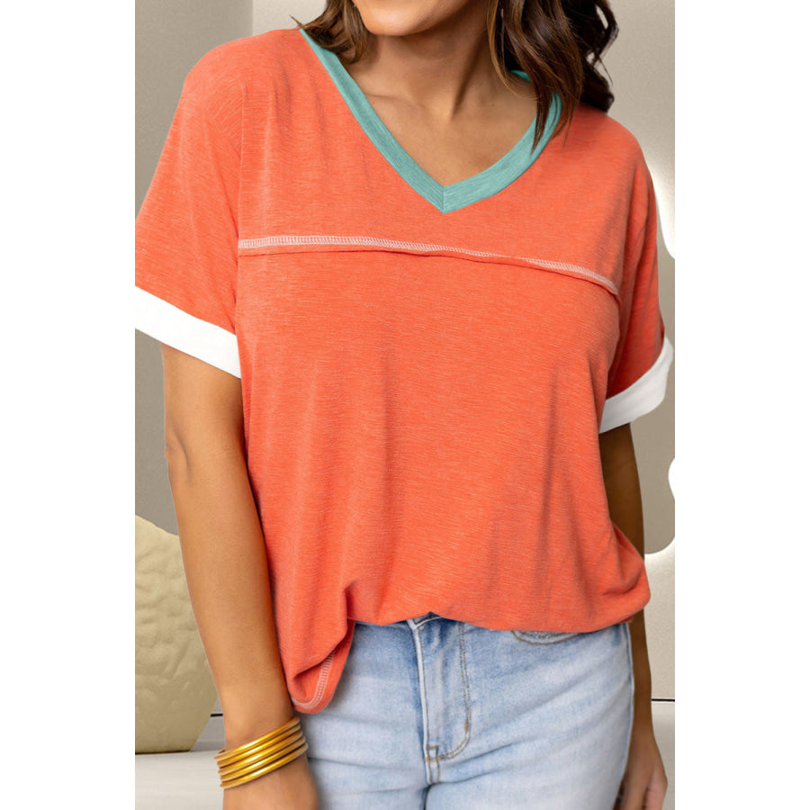 Color Block V-Neck Short Sleeve T-Shirt Orange / S Apparel and Accessories