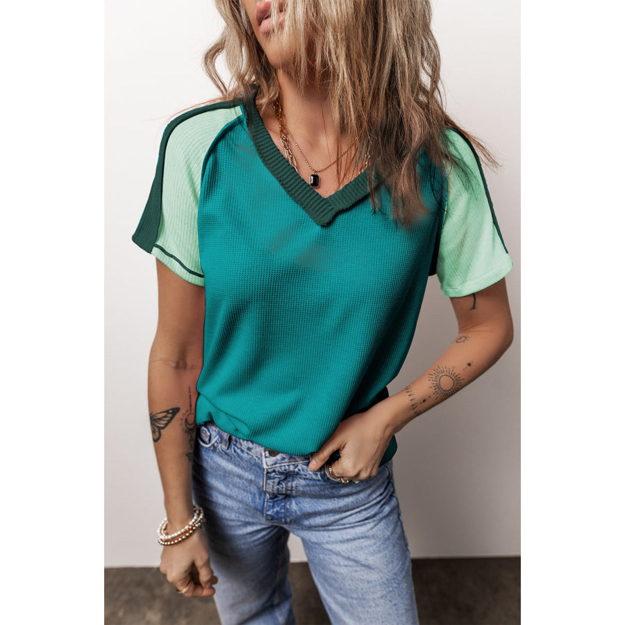 Color Block V-Neck Short Sleeve T-Shirt Turquoise / 2XL Apparel and Accessories