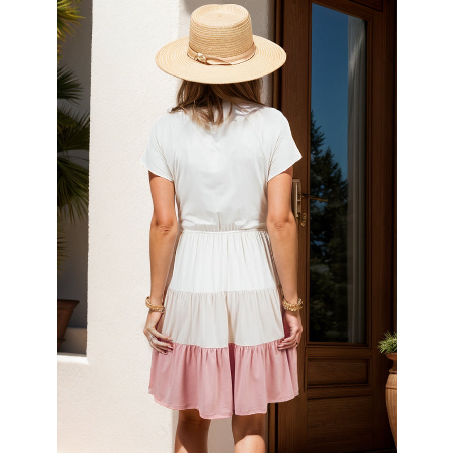 Color Block V-Neck Short Sleeve Tee Dress White / S Apparel and Accessories