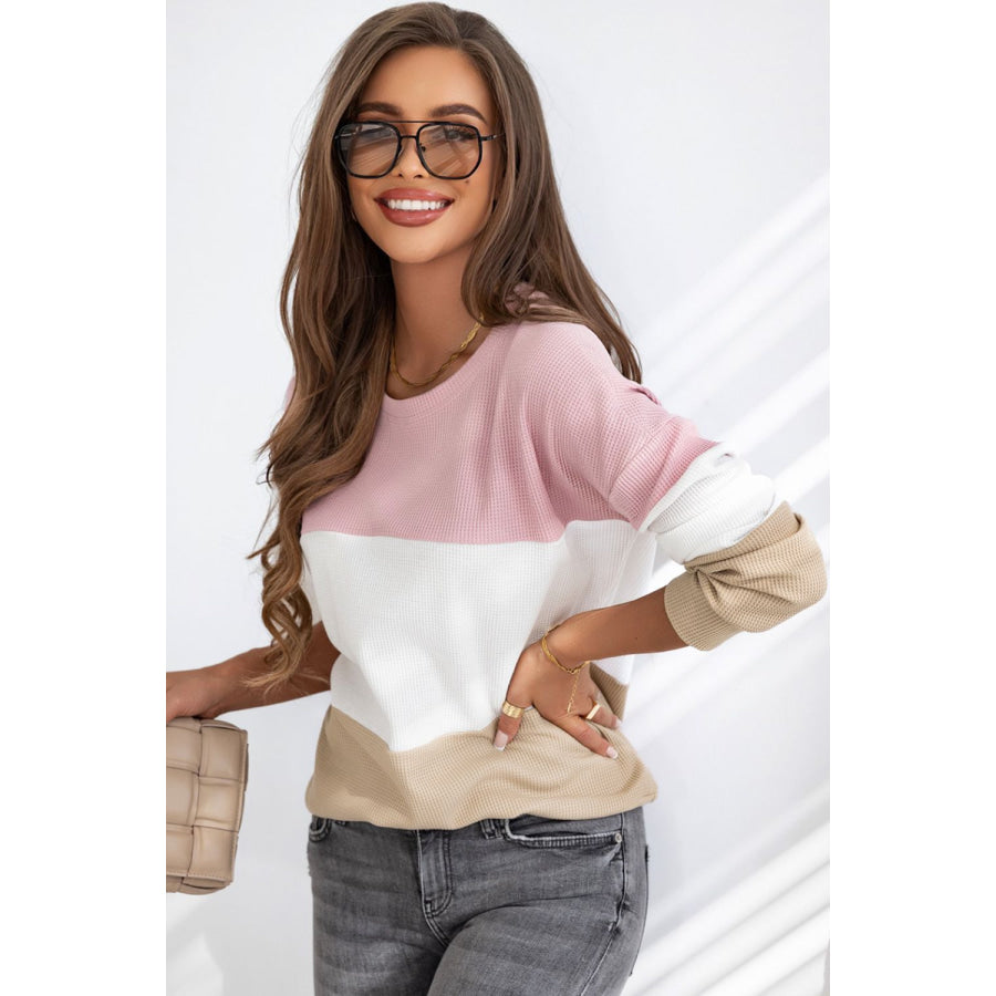 Color Block Waffle Knit Long Sleeve Top Apparel and Accessories