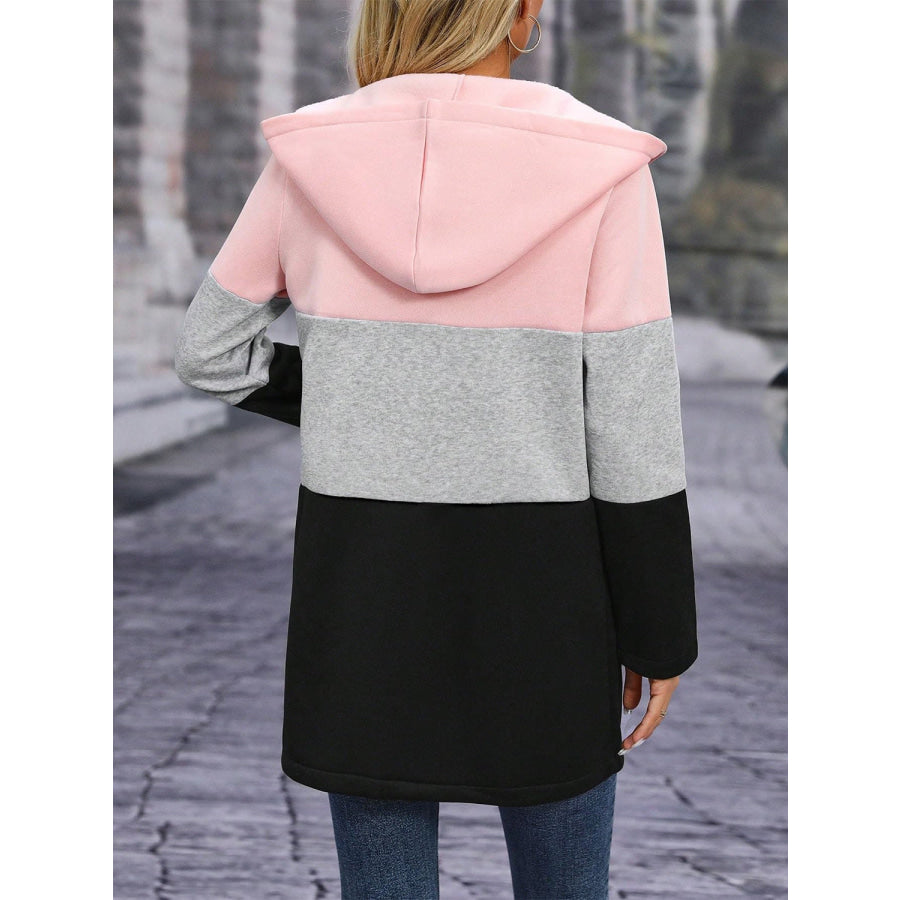 Color Block Zip Up Long Sleeve Hooded Outerwear Apparel and Accessories