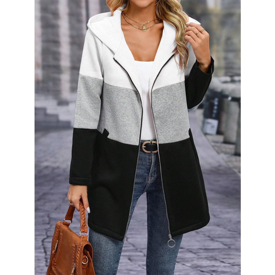Color Block Zip Up Long Sleeve Hooded Outerwear Apparel and Accessories