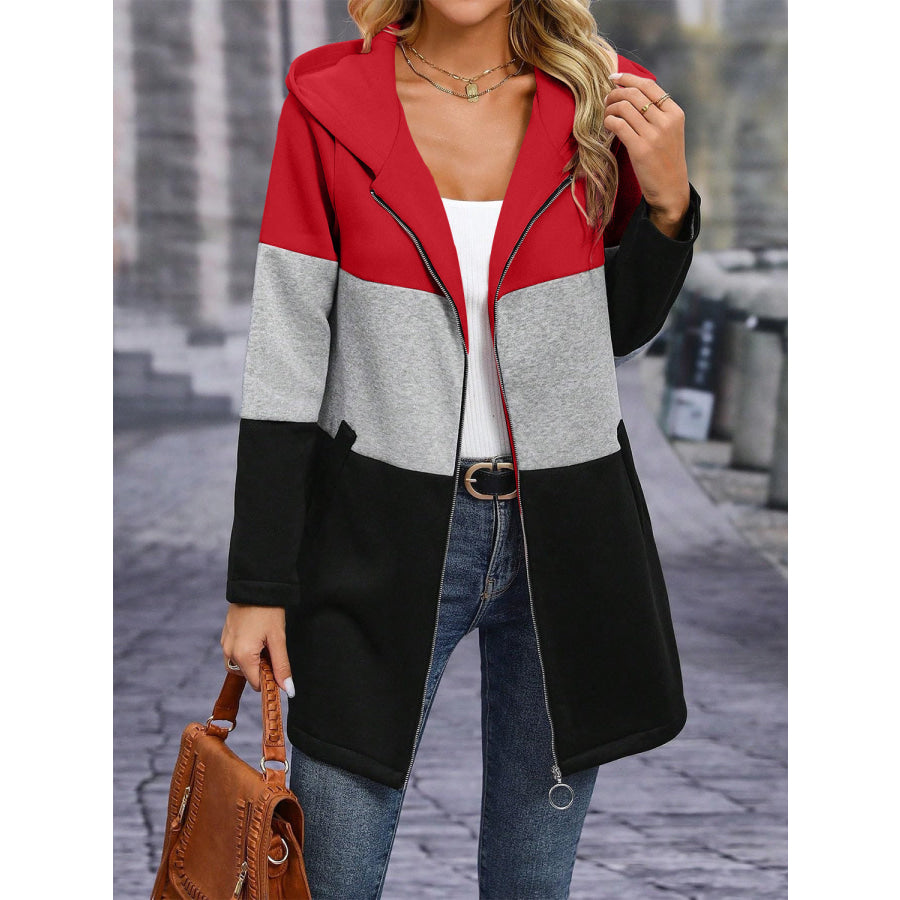 Color Block Zip Up Long Sleeve Hooded Outerwear Apparel and Accessories
