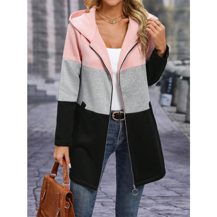 Color Block Zip Up Long Sleeve Hooded Outerwear Blush Pink / S Apparel and Accessories