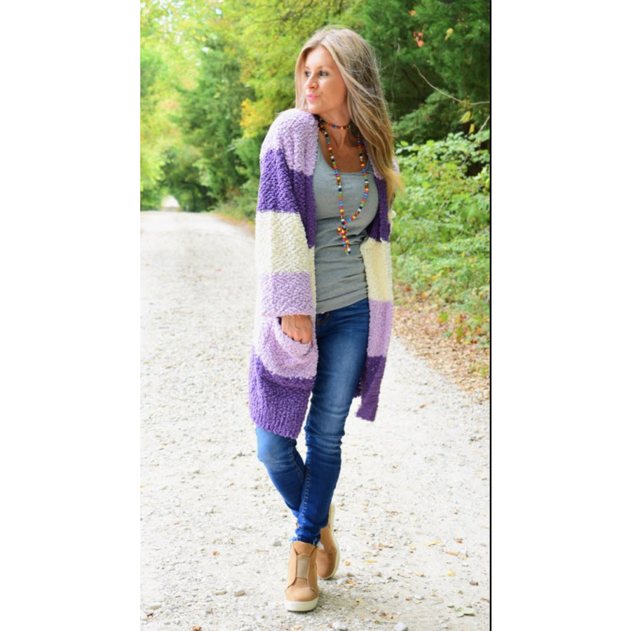 New! Colourblock Balloon Sleeve Popcorn Cardigan with Pockets Coverup