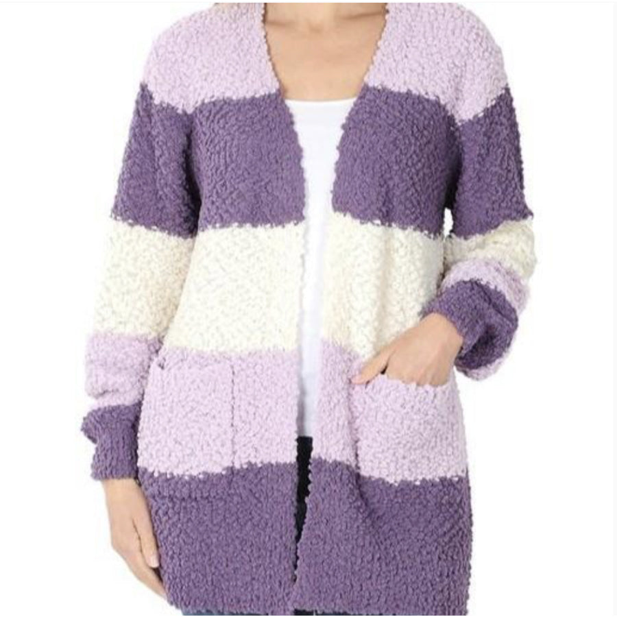New! Colourblock Balloon Sleeve Popcorn Cardigan with Pockets S / Lilac Coverup