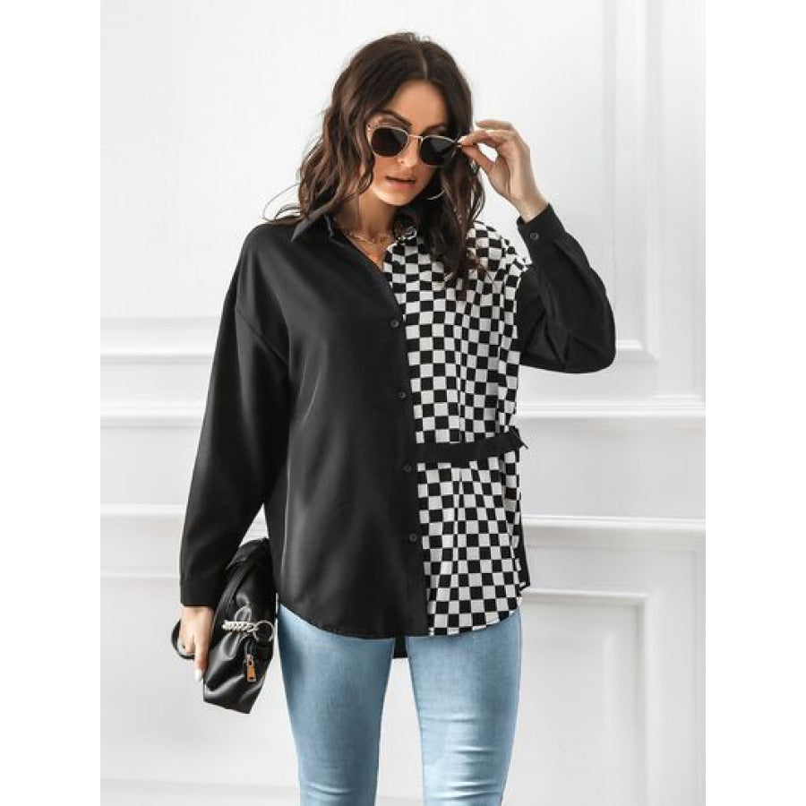 Contrast Button Up Long Sleeve Shirt Clothing