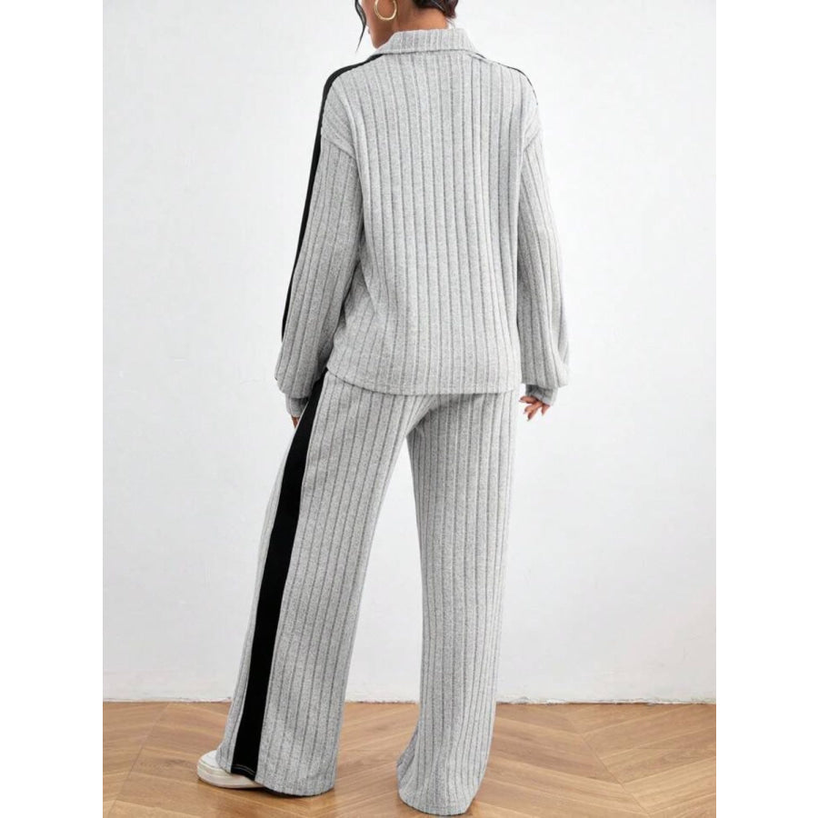 Contrast Collared Neck Long Sleeve Top and Pants Set Apparel and Accessories