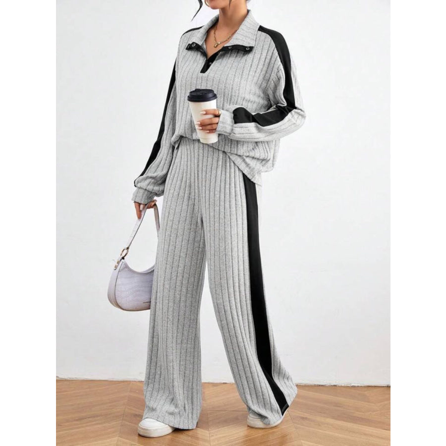 Contrast Collared Neck Long Sleeve Top and Pants Set Apparel and Accessories
