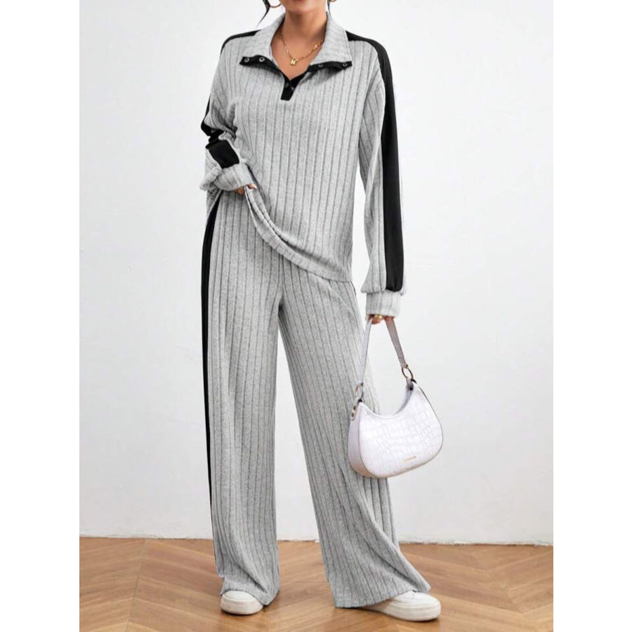Contrast Collared Neck Long Sleeve Top and Pants Set Light Gray / S Apparel and Accessories