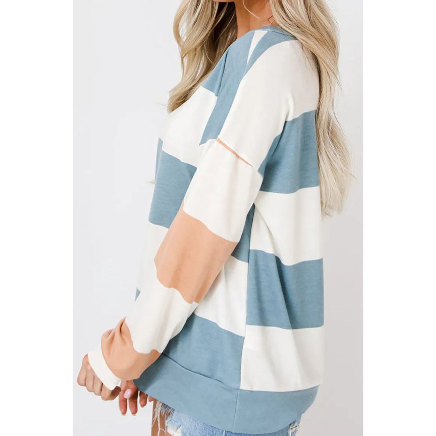 Contrast Color Block Round Neck Long Sleeve Top Apparel and Accessories