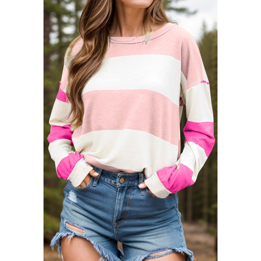 Contrast Color Block Round Neck Long Sleeve Top Blush Pink / S Apparel and Accessories