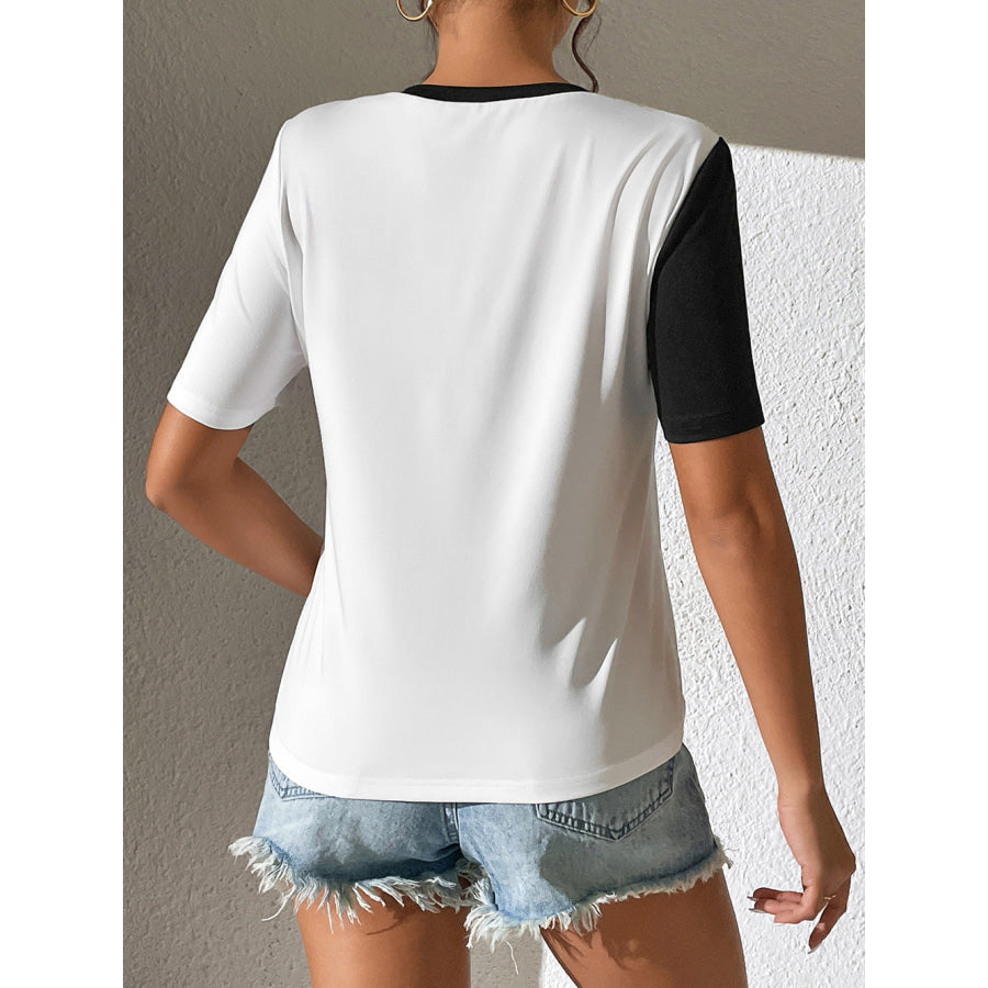 Contrast Color Round Neck Short Sleeve Tee