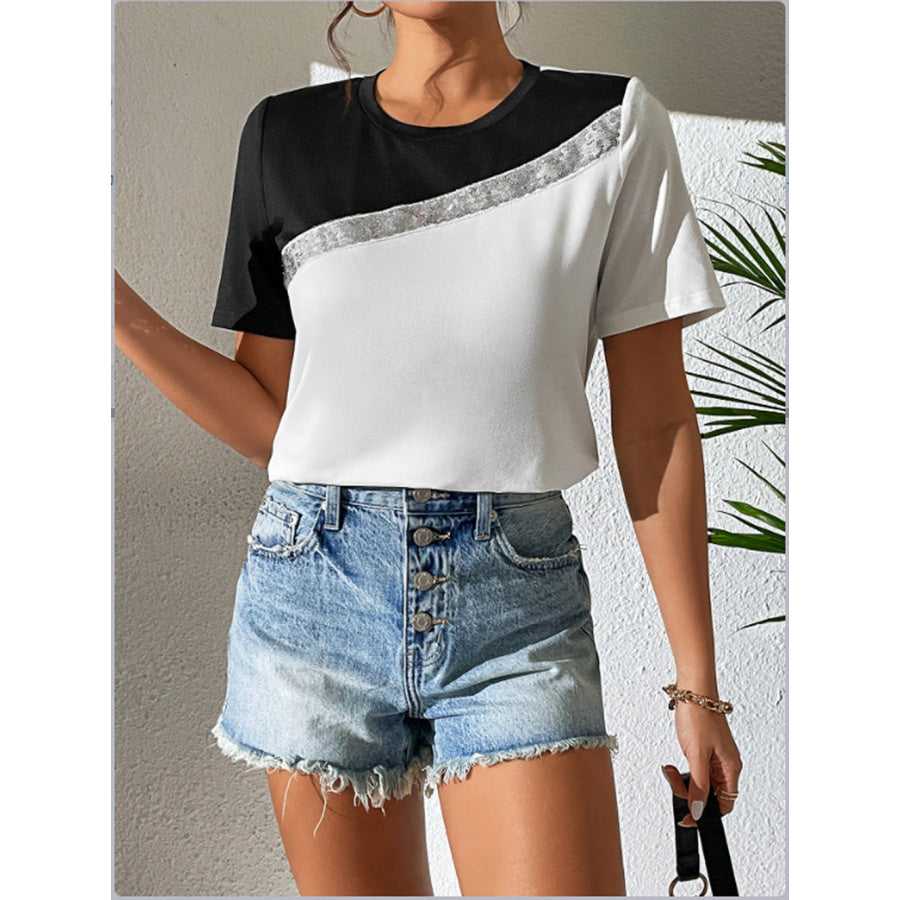 Contrast Color Round Neck Short Sleeve Tee
