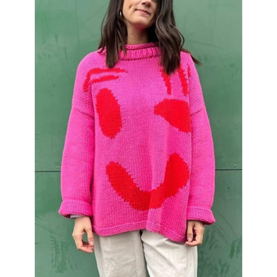 Contrast Drop Shoulder Long Sleeve Sweater Deep Rose / S