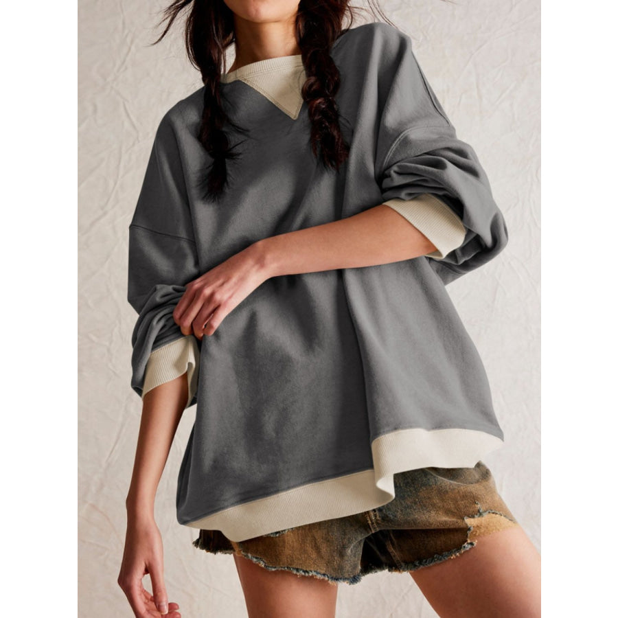 Contrast Dropped Shoulder Long Sleeve Sweatshirt Apparel and Accessories