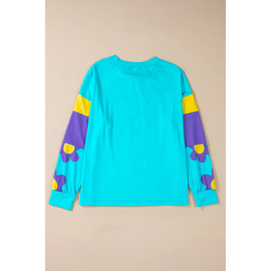 Contrast Flower Round Neck Long Sleeve Blouse Apparel and Accessories