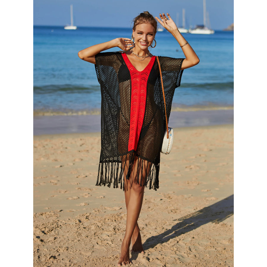 Contrast Fringe Trim Openwork Cover-Up Dress