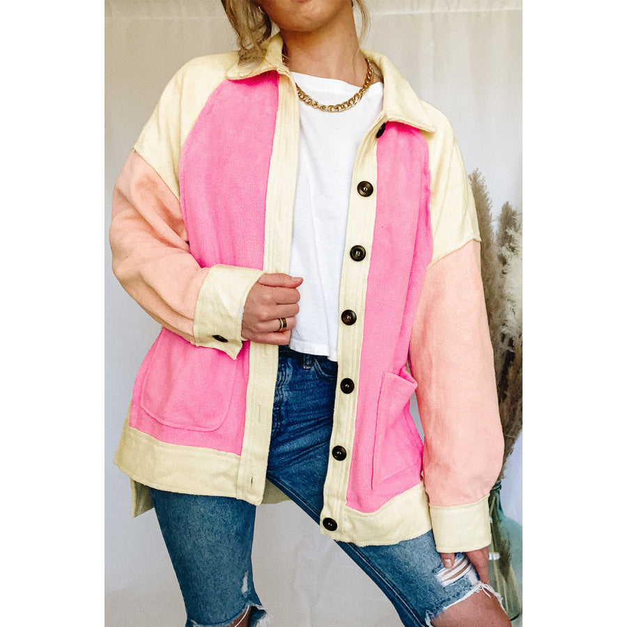 Contrast High Low Button Up Fleece Shacket Apparel and Accessories