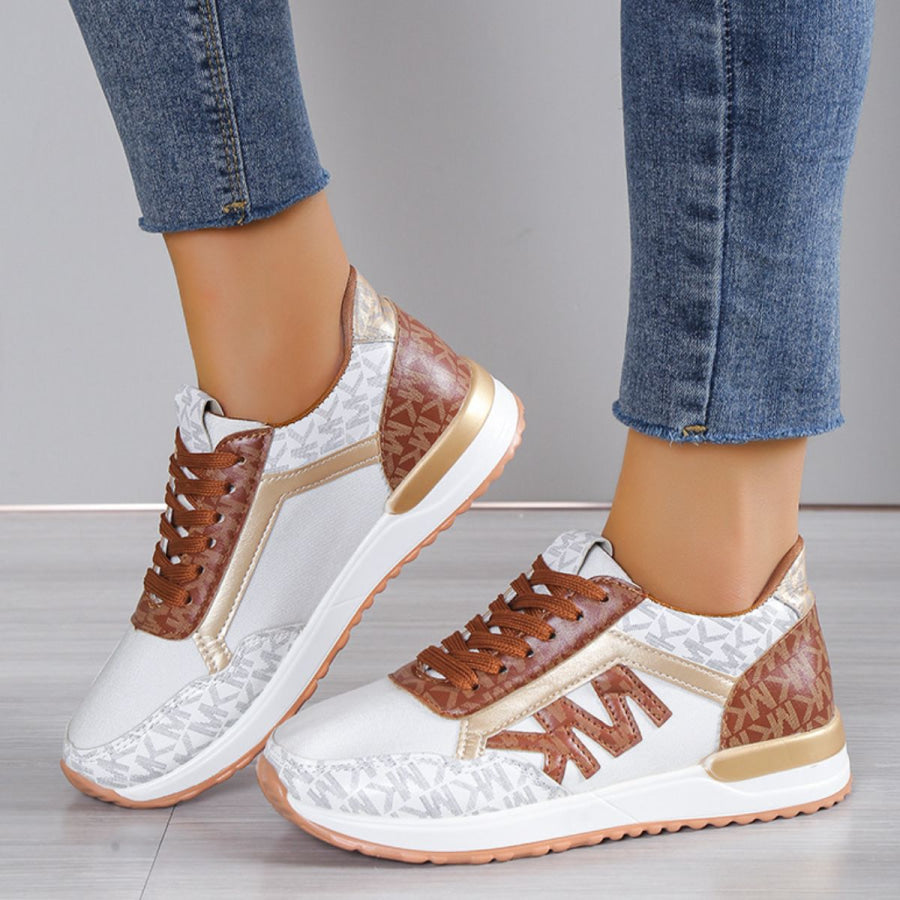 Contrast Lace Up Round Toe Sneakers Caramel / 35(US4) Apparel and Accessories