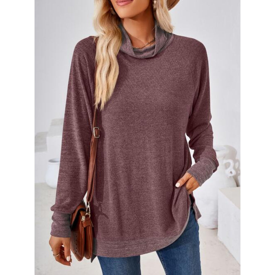 Contrast Mock Neck Long Sleeve T-Shirt Plum / S