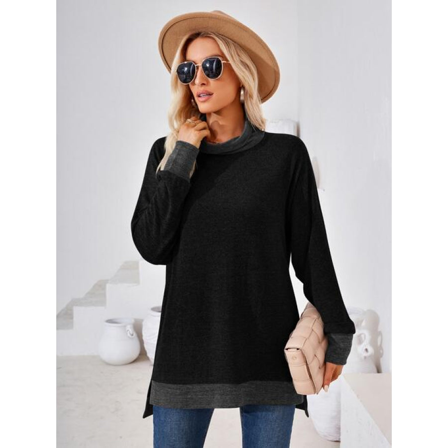 Contrast Mock Neck Long Sleeve T-Shirt