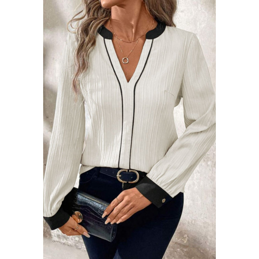 Contrast Notched Long Sleeve Blouse Apparel and Accessories