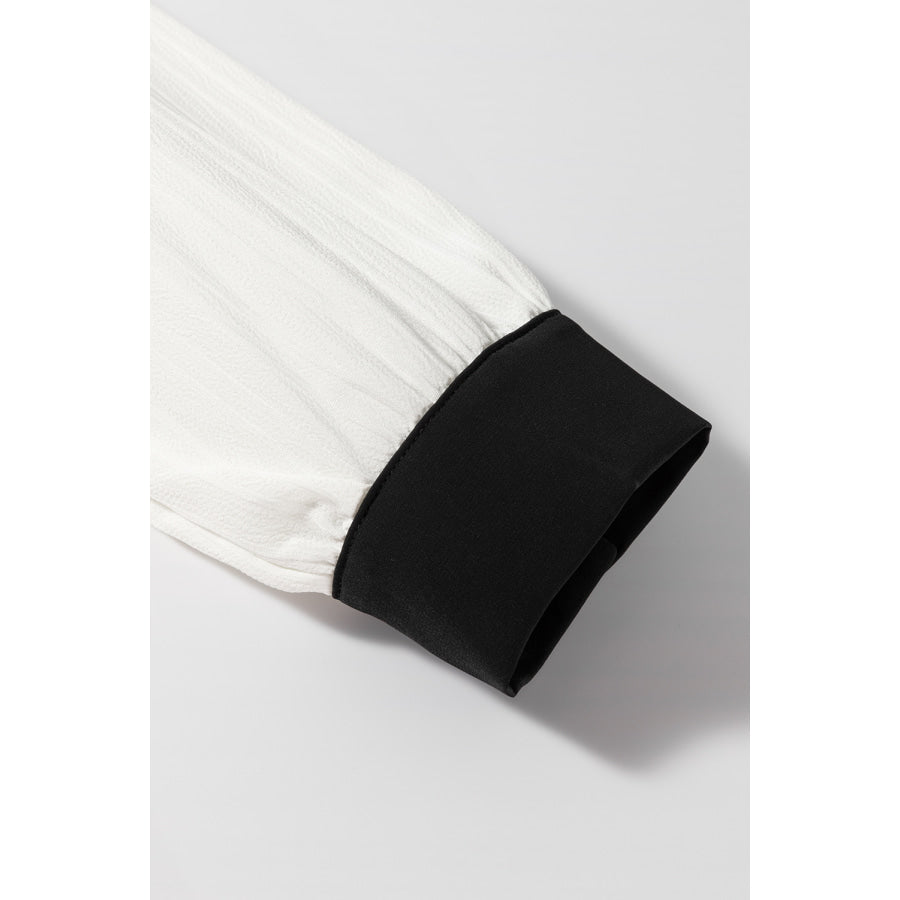 Contrast Notched Long Sleeve Blouse Apparel and Accessories