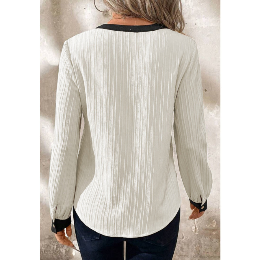 Contrast Notched Long Sleeve Blouse Apparel and Accessories