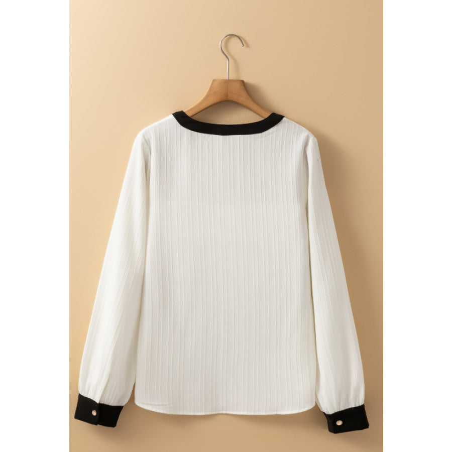 Contrast Notched Long Sleeve Blouse Apparel and Accessories