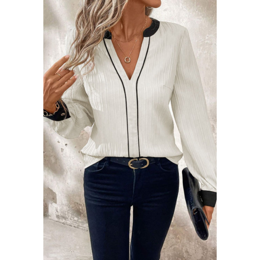 Contrast Notched Long Sleeve Blouse Apparel and Accessories