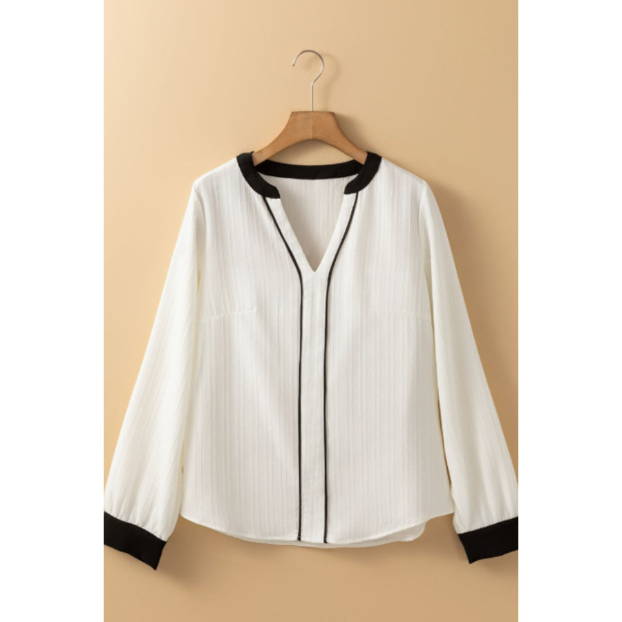 Contrast Notched Long Sleeve Blouse Apparel and Accessories