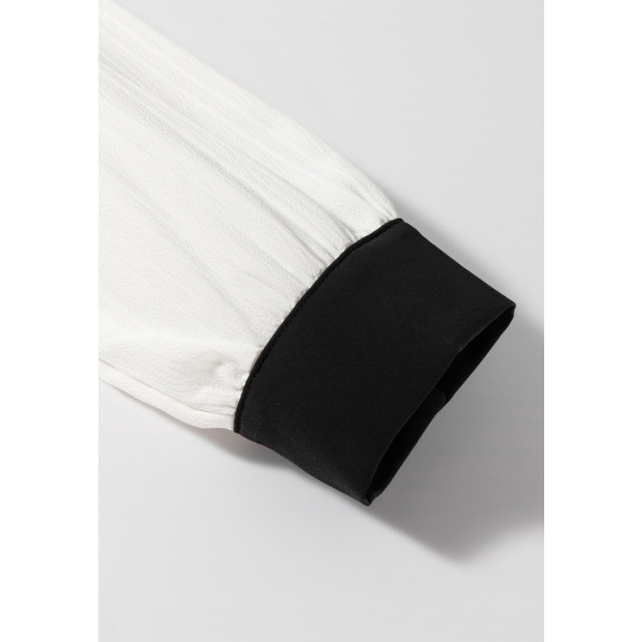 Contrast Notched Long Sleeve Blouse Apparel and Accessories