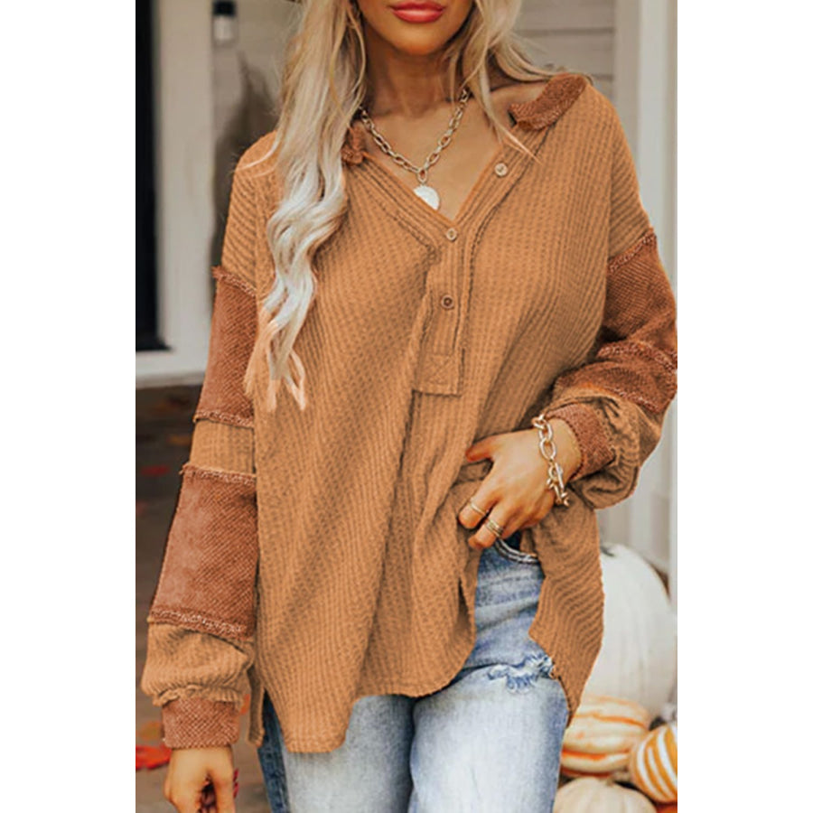 Contrast Patched Exposed Seam Waffle Knit Henley Top Apparel and Accessories