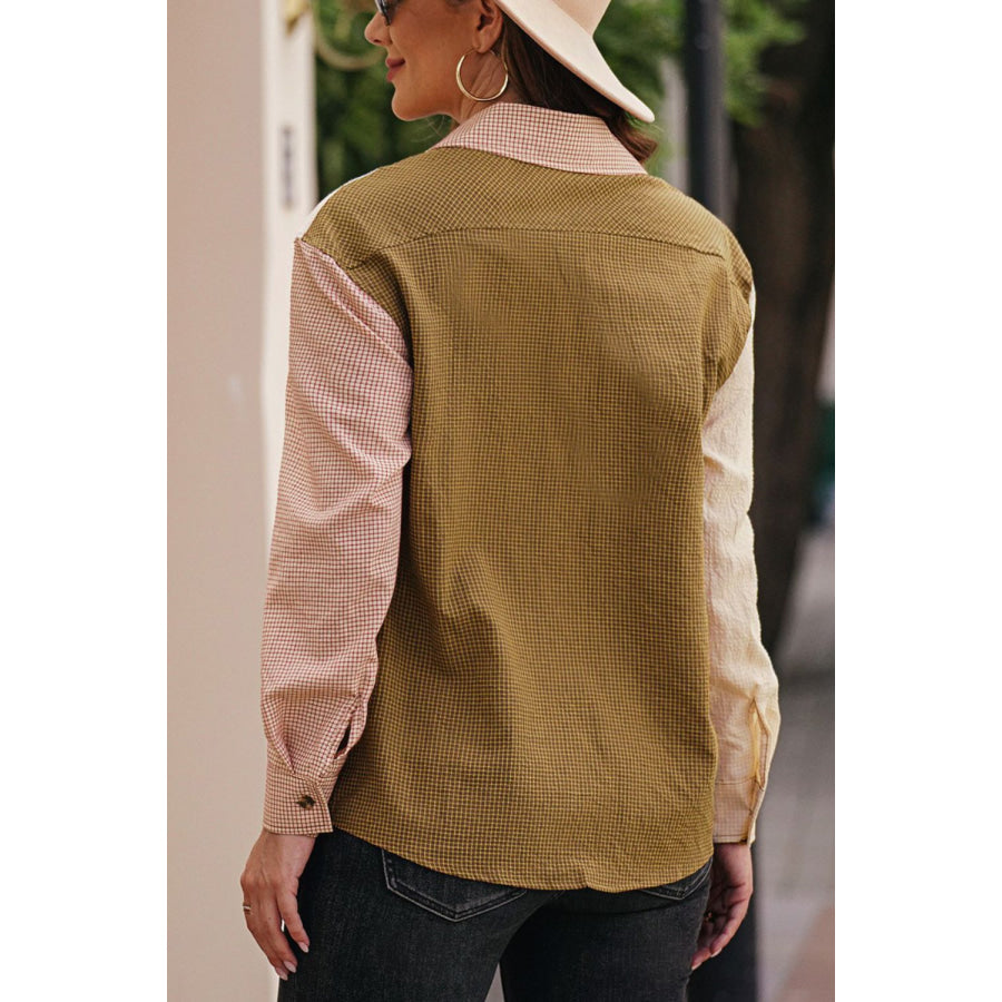 Contrast Plaid Button Down Long Sleeve Shirt Apparel and Accessories