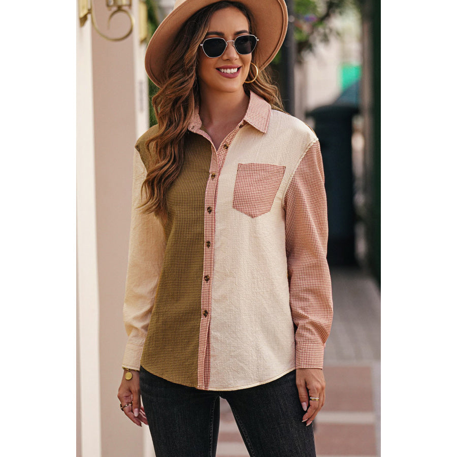 Contrast Plaid Button Down Long Sleeve Shirt Apparel and Accessories