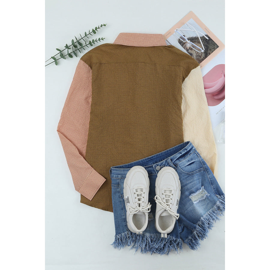 Contrast Plaid Button Down Long Sleeve Shirt Apparel and Accessories