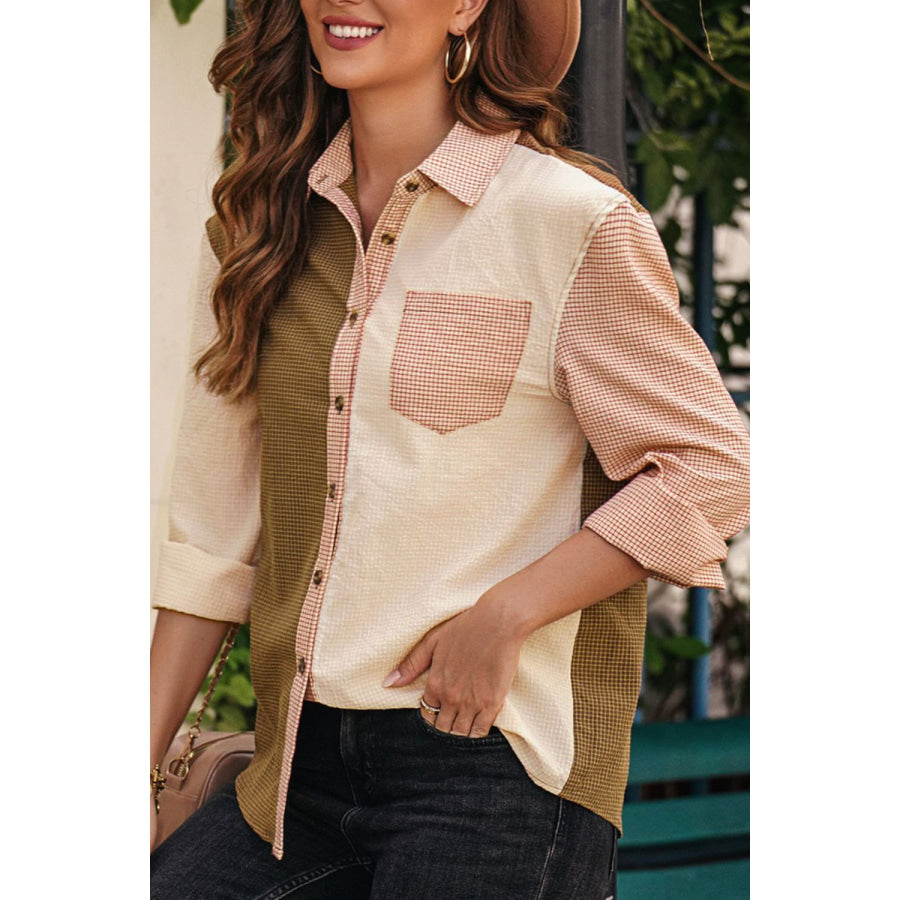 Contrast Plaid Button Down Long Sleeve Shirt Apparel and Accessories