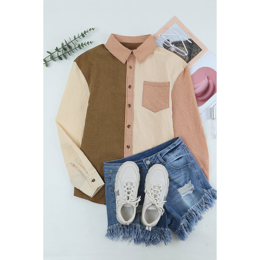 Contrast Plaid Button Down Long Sleeve Shirt Apparel and Accessories