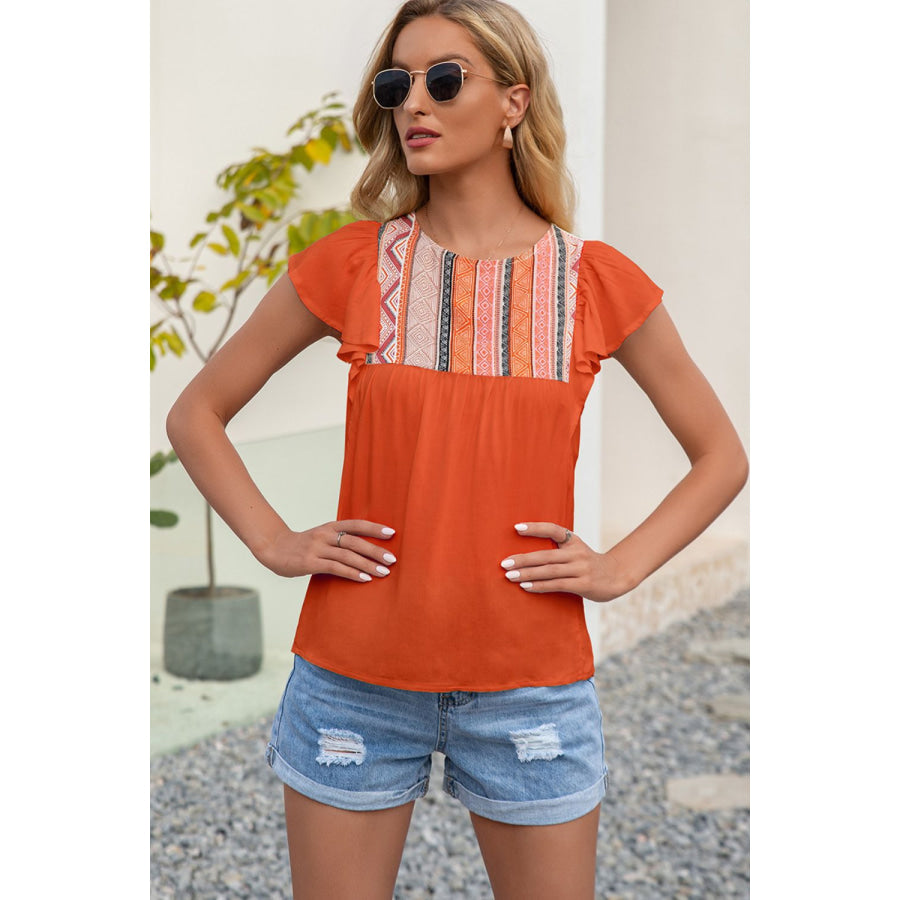 Contrast Print Butterfly Sleeve Top