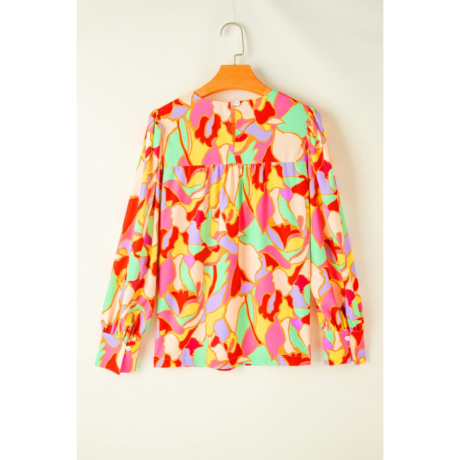 Contrast Print Round Neck Long Sleeve Blouse Apparel and Accessories