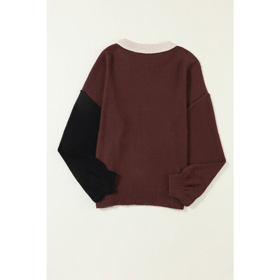 Contrast Round Neck Dropped Shoulder Sweater Apparel and Accessories