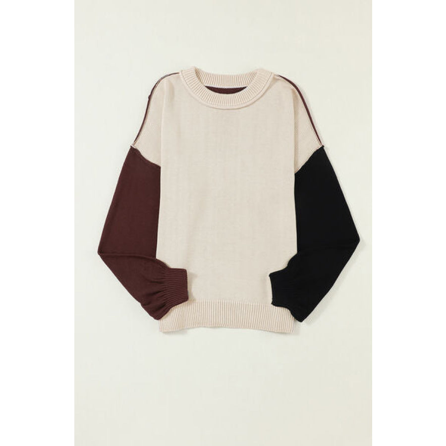Contrast Round Neck Dropped Shoulder Sweater Apparel and Accessories