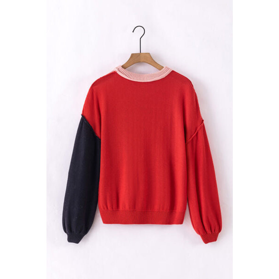 Contrast Round Neck Dropped Shoulder Sweater Apparel and Accessories