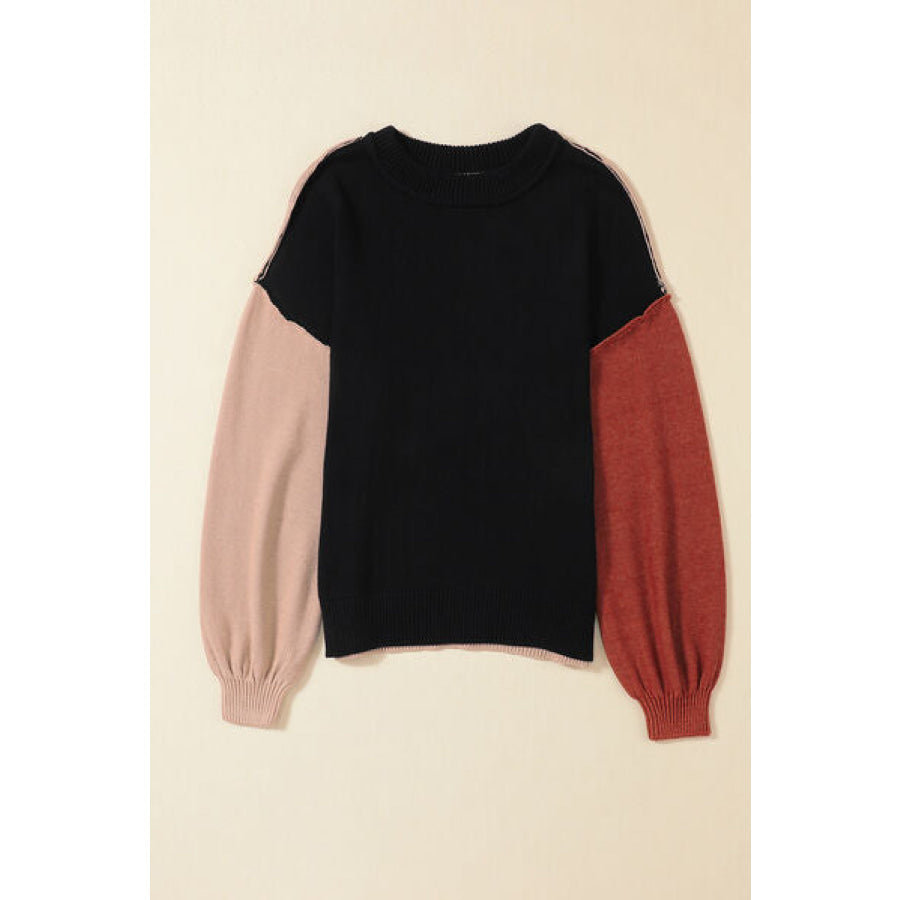 Contrast Round Neck Dropped Shoulder Sweater Apparel and Accessories