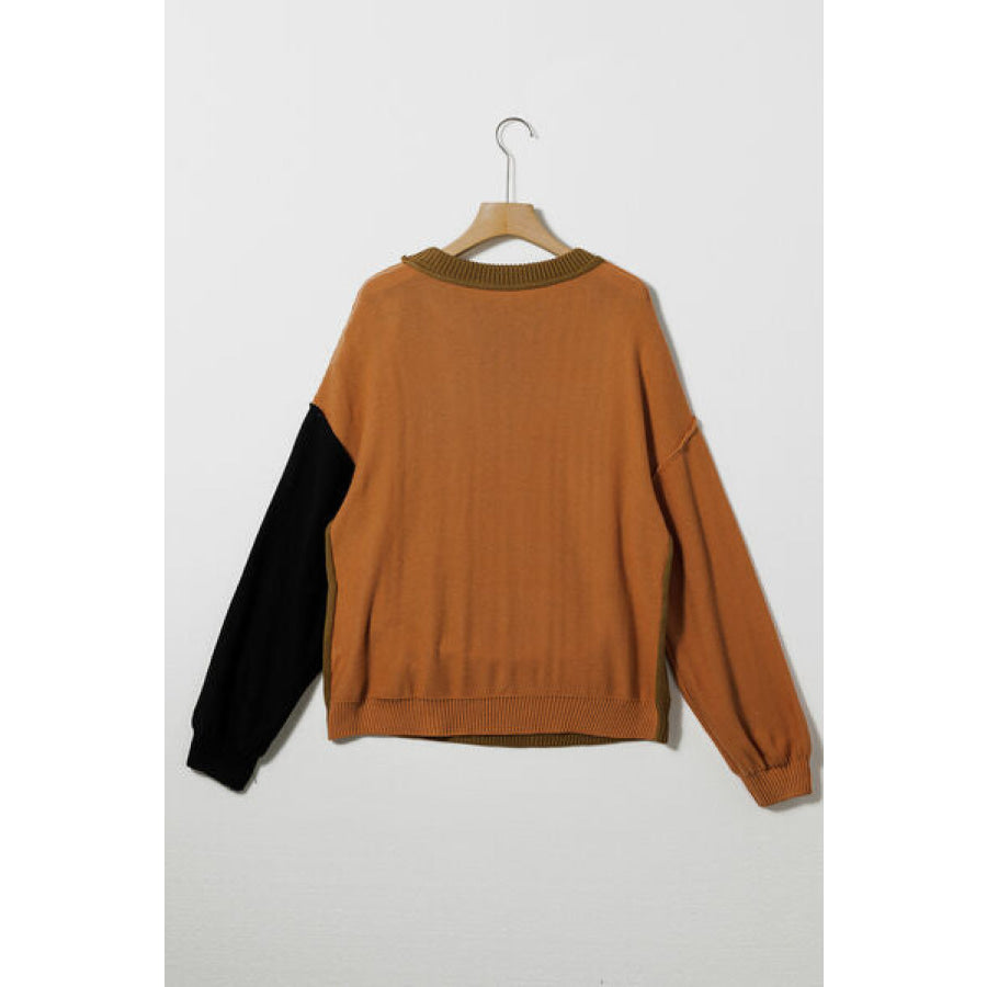 Contrast Round Neck Dropped Shoulder Sweater Apparel and Accessories