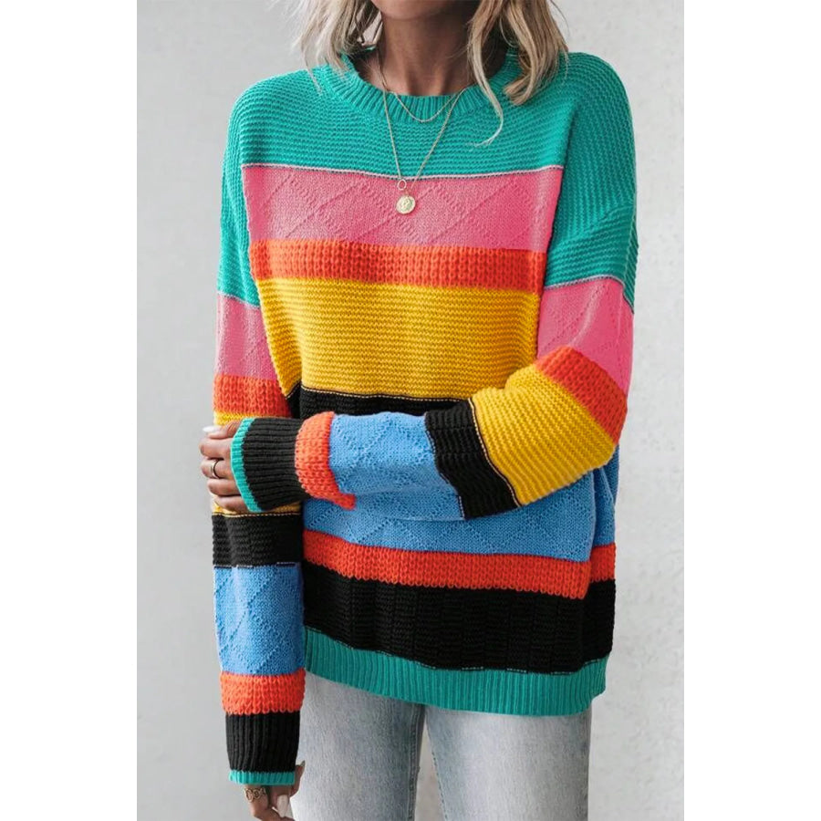 Contrast Round Neck Dropped Shoulder Sweater Apparel and Accessories