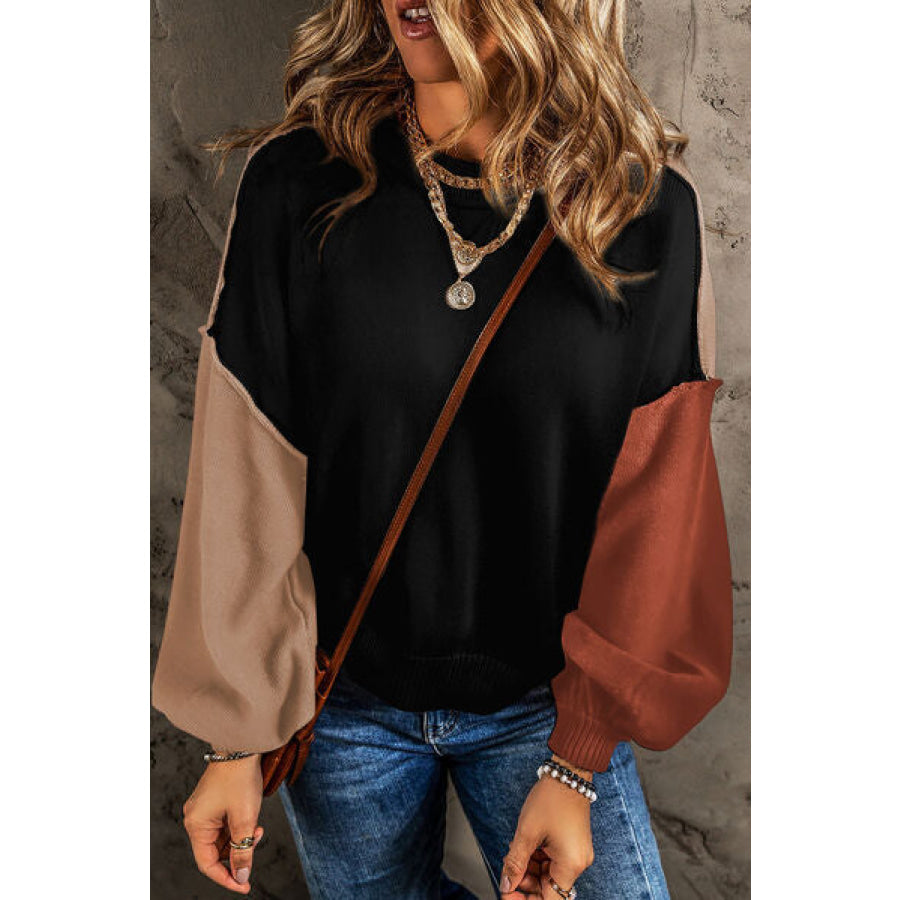 Contrast Round Neck Dropped Shoulder Sweater Black / S Apparel and Accessories