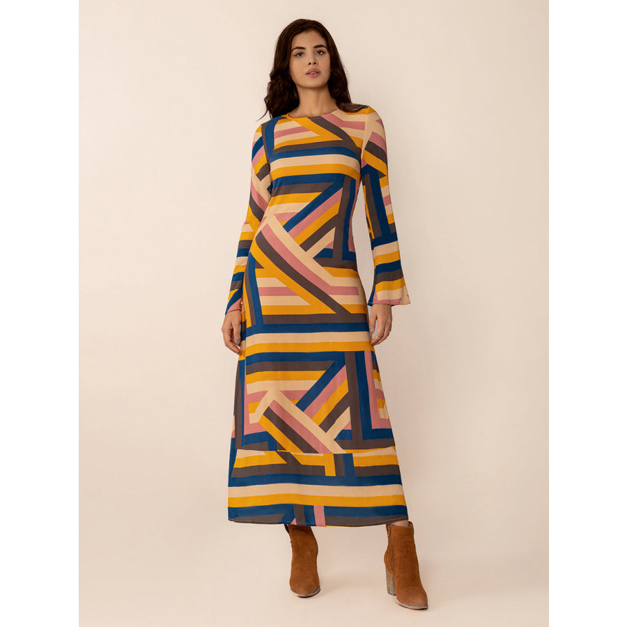 Contrast Round Neck Flare Sleeve Midi Dress Multicolor / S Apparel and Accessories