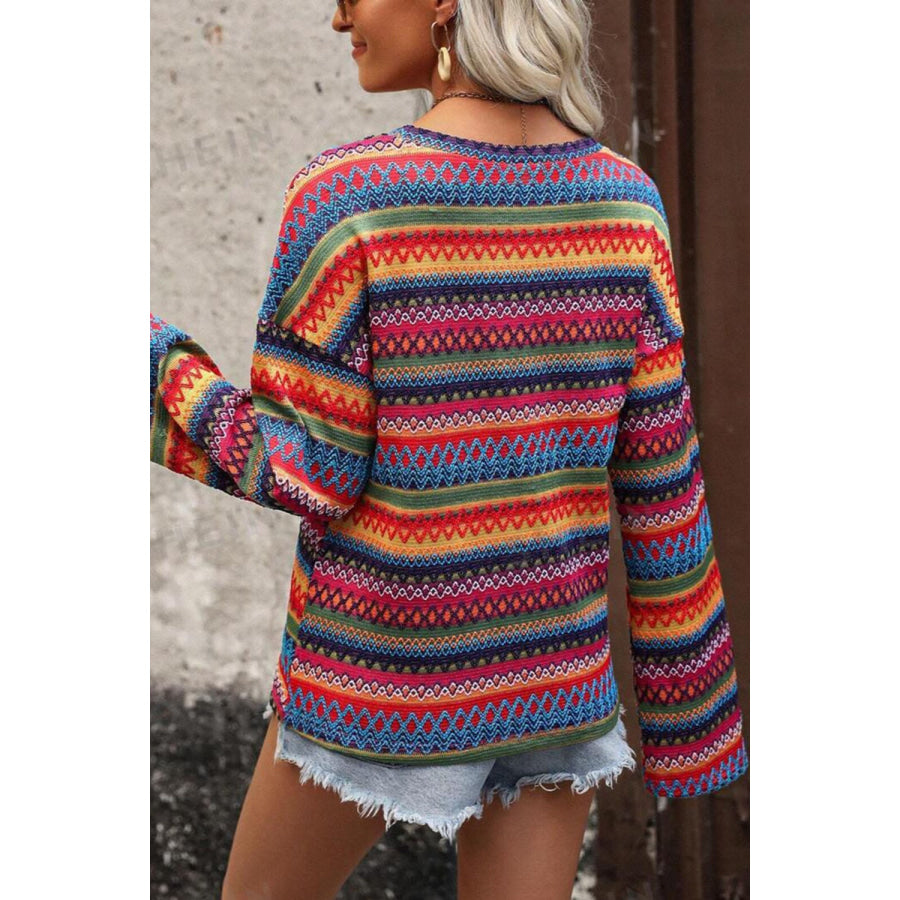 Contrast Round Neck Long Sleeve Blouse Apparel and Accessories